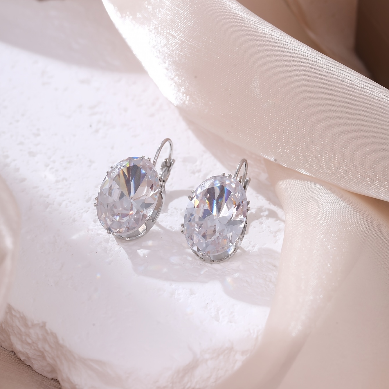 Women's Plated Cubic Synthetic Zirconia Oval Earrings